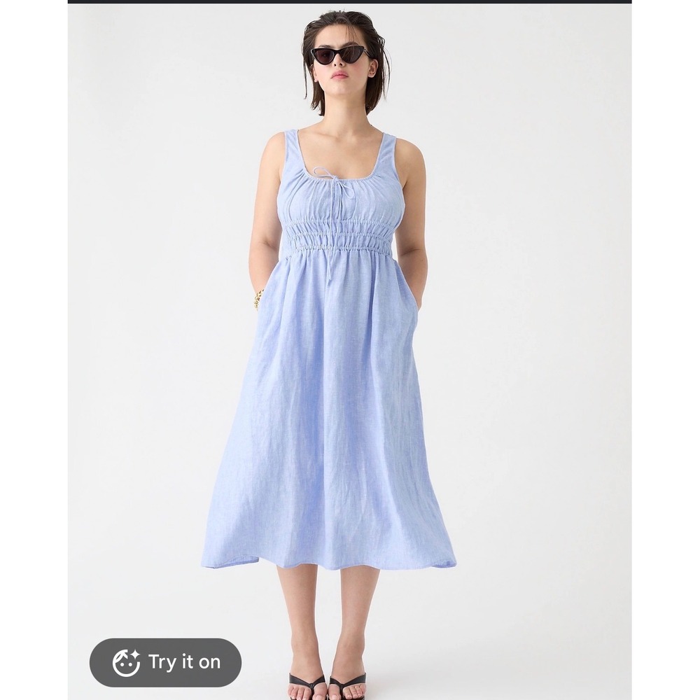 J.Crew Light Blue 100% Linen Smocked Waist Midi Dress with Pockets Size L